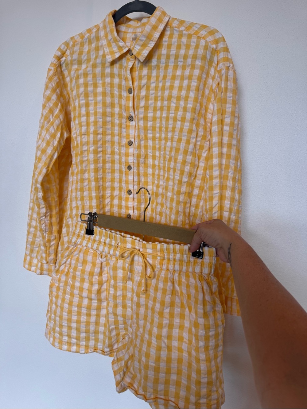 Billabong Yellow Gingham Drawstring Short and shirt set matching